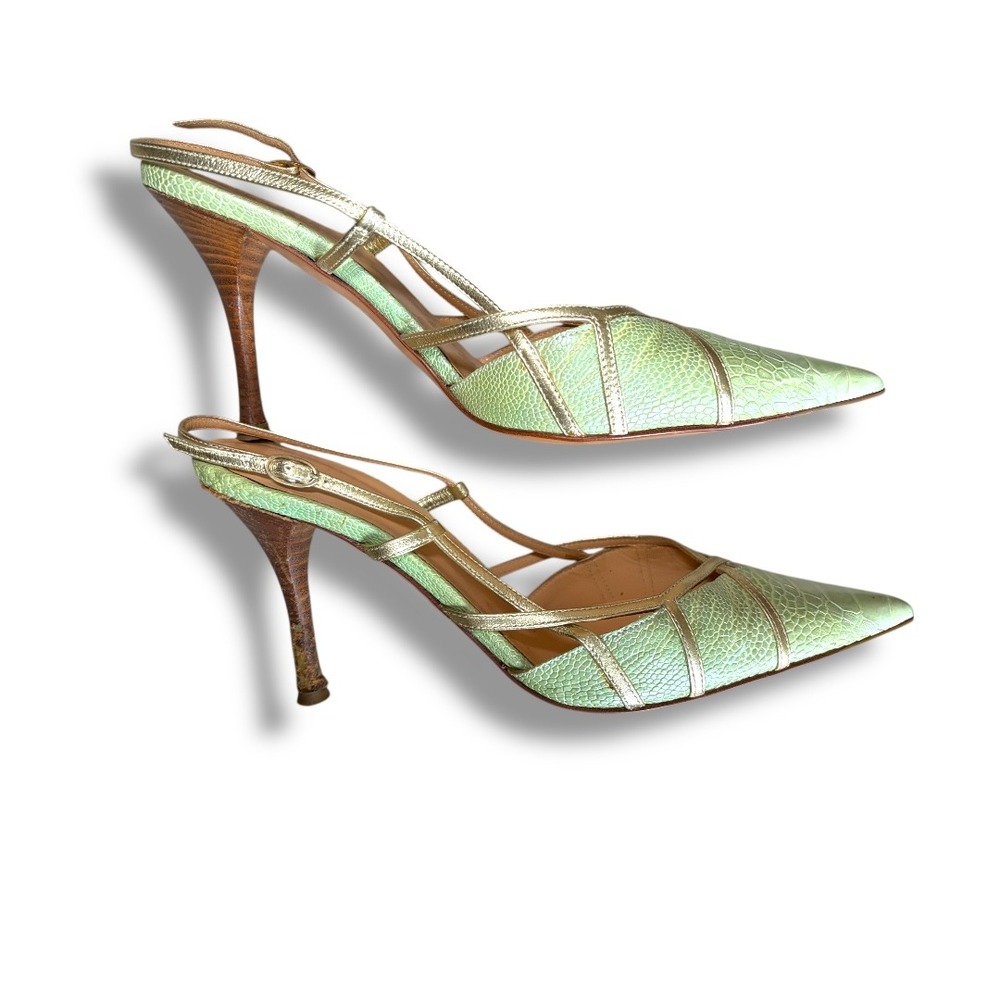 Sergio Rossi Mint Green Crocodile Embossed Leather Stiletto Slingback Heels 37.5